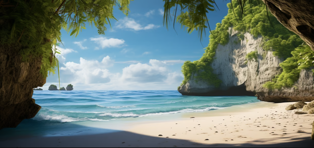 a beach scene with a cave in the middle of the ocean