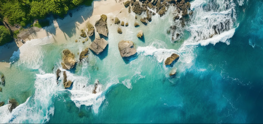 a beach with a body of water and rocks