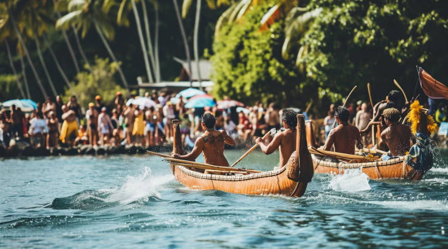 a group of people in canoes on a river