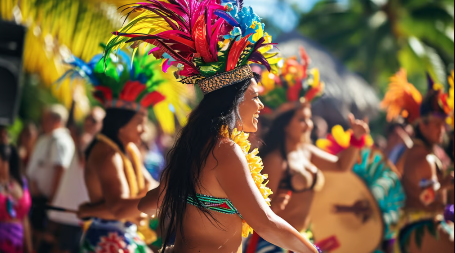 a woman in a colorful costume with a colorful headdress