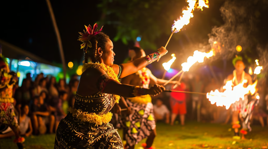 a woman in a hawaiian style dress holding a firework