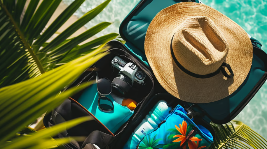 sun hat, sunglasses, and clothes packed on a suitcase