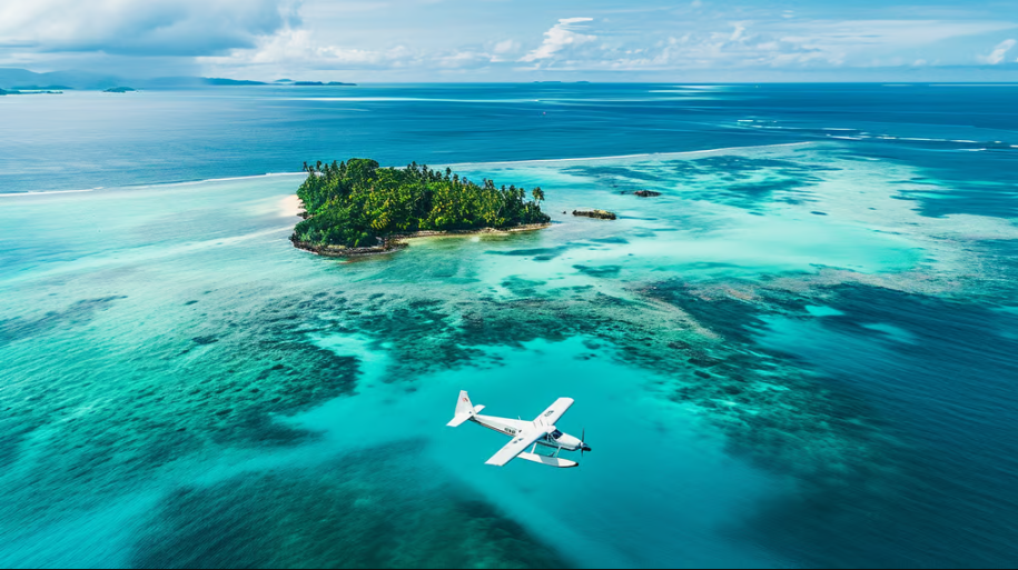 a plane flying over a small island
