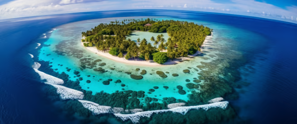 a drone shot of a small island surrounded by palm trees