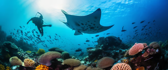 a womaa scuba diver swimming beside a big manta rayn in a hawaiian style dress holding a firework