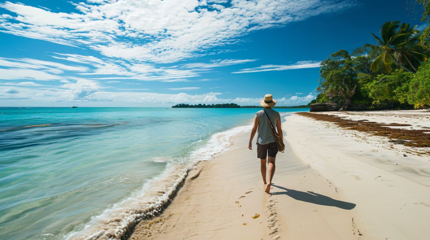 a man walking along a beach with a hat on