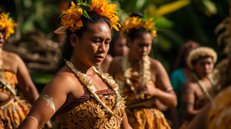 a woman in a samoan style dress with a flower in her hair