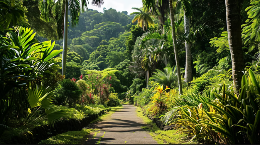 a pathway leading to a lush green forest