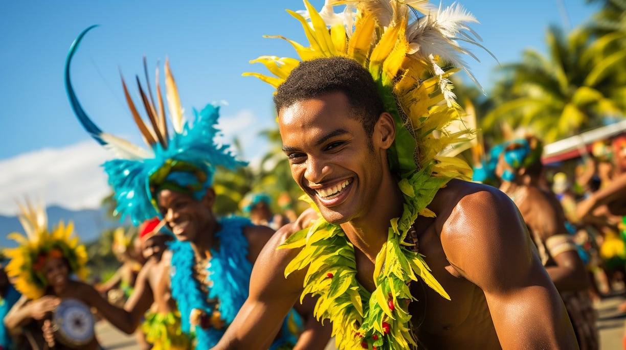 a man in a colorful, traditional Fijian costume is smiling while dancing