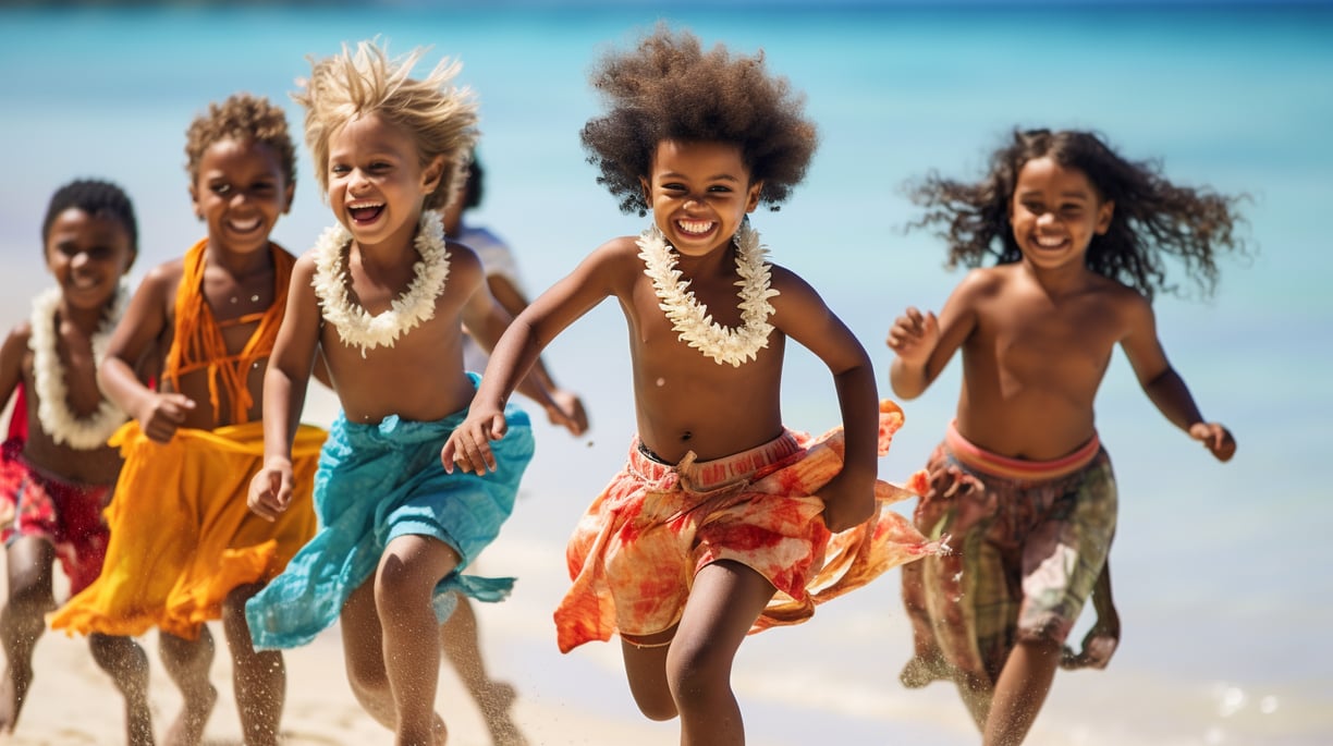 a group of young children running on the beach
