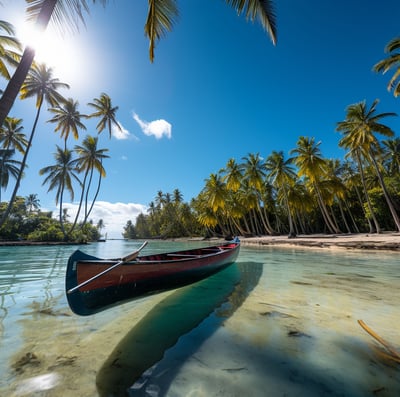 a boat in the water with palm trees in the background