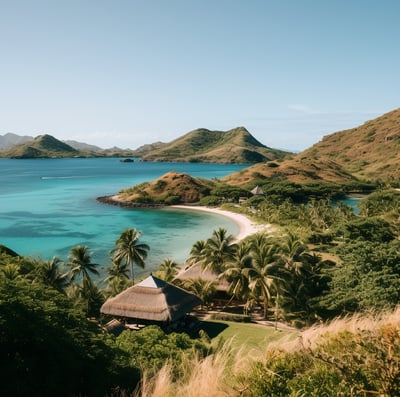 a beach with a hutch and palm trees