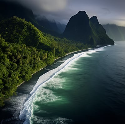 black sand in the middle of the sea and trees