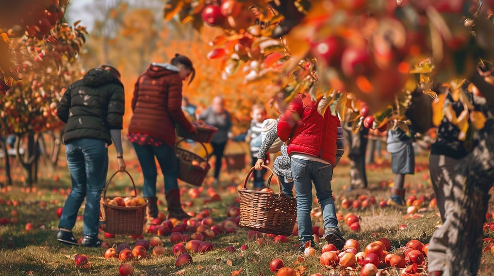 a group of people picking apples from a tree