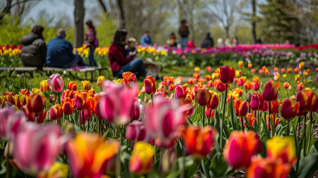 a group of people sitting on a bench in a flower park