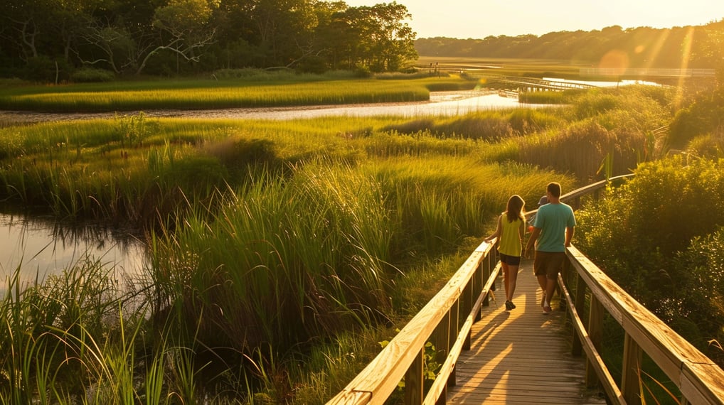 a man and woman walking on a wooden bridge