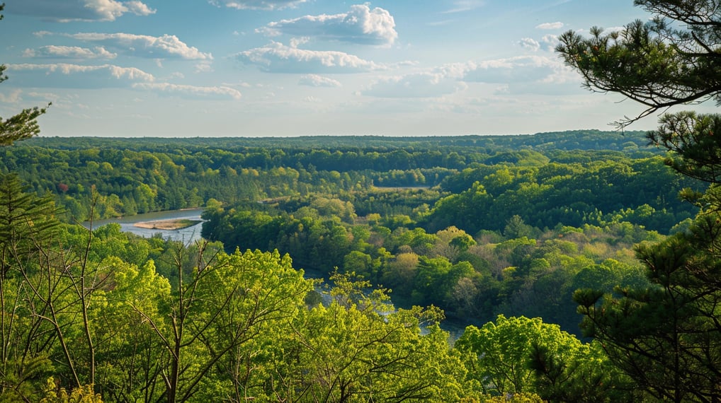 a top view of a river in between vast forests