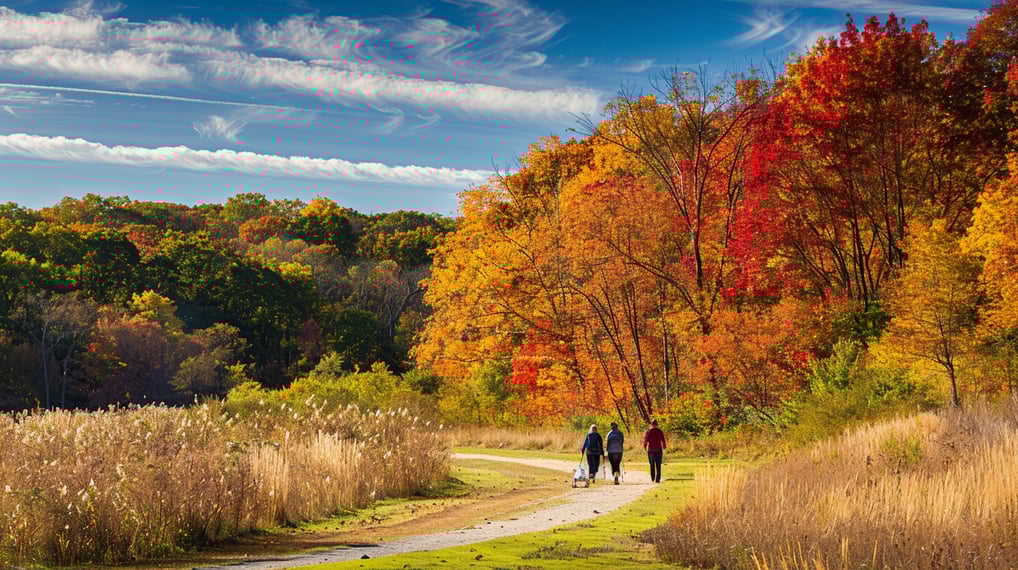 a couple of people walking down a path in the fall