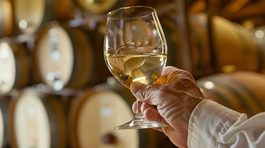 a person holding a wine glass in front of a bunch of barrels