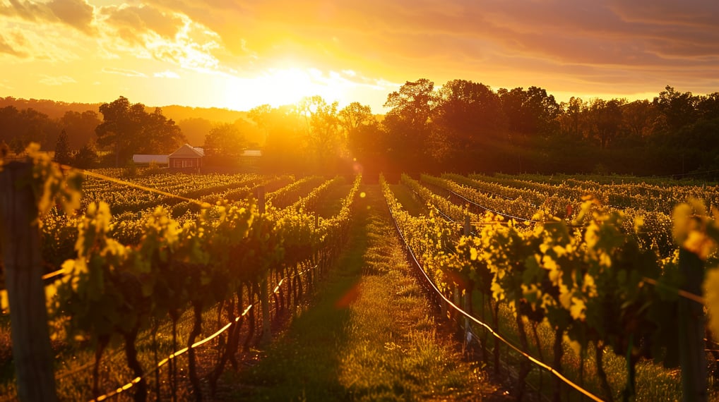 a vineyard in new york with a sunset in the background