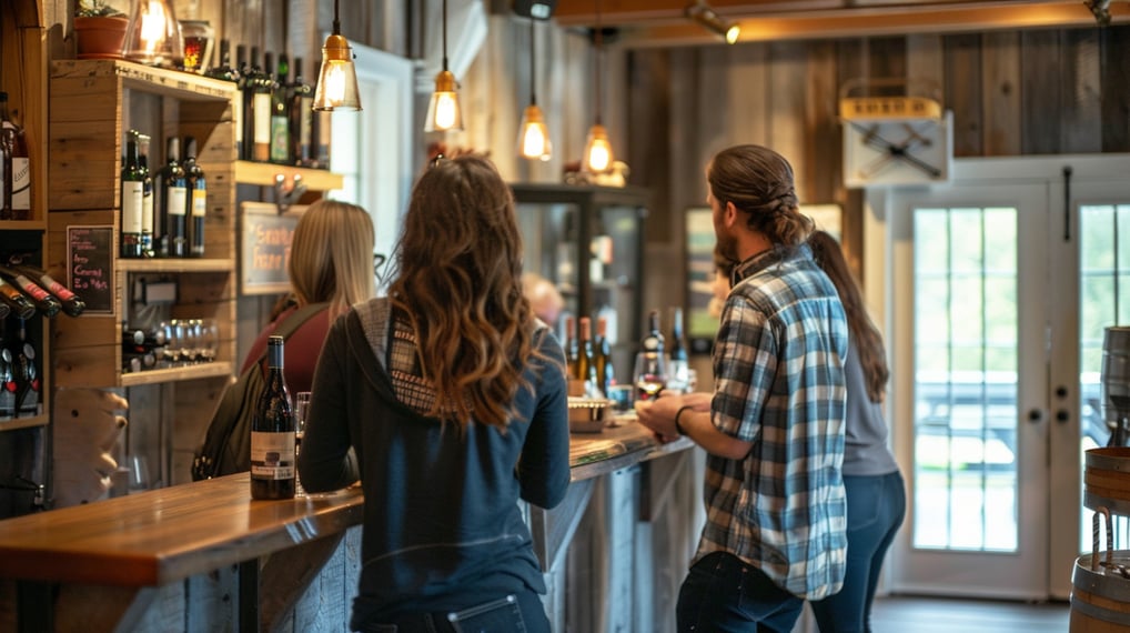 a man and woman standing at a bar