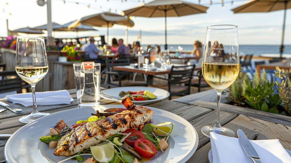 a plate of food and wine glasses on a table