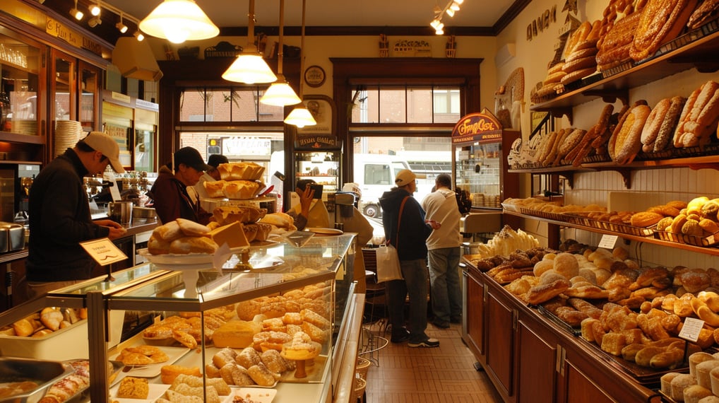 a bakery shop with a variety of breaded breads
