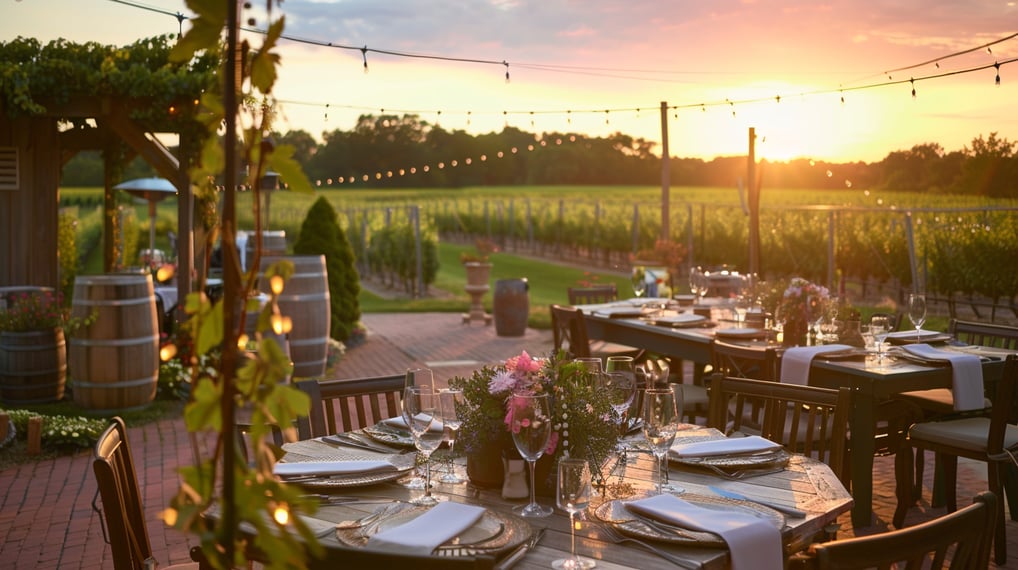 a table setting with a sunset in the background