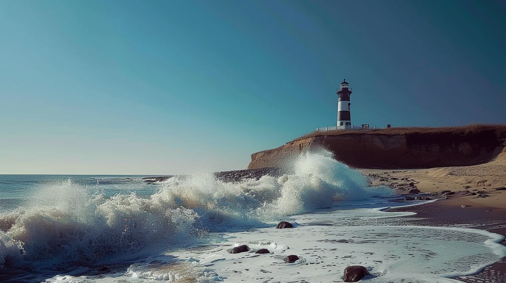 a lighthouse on a rocky beach in montauk, new york