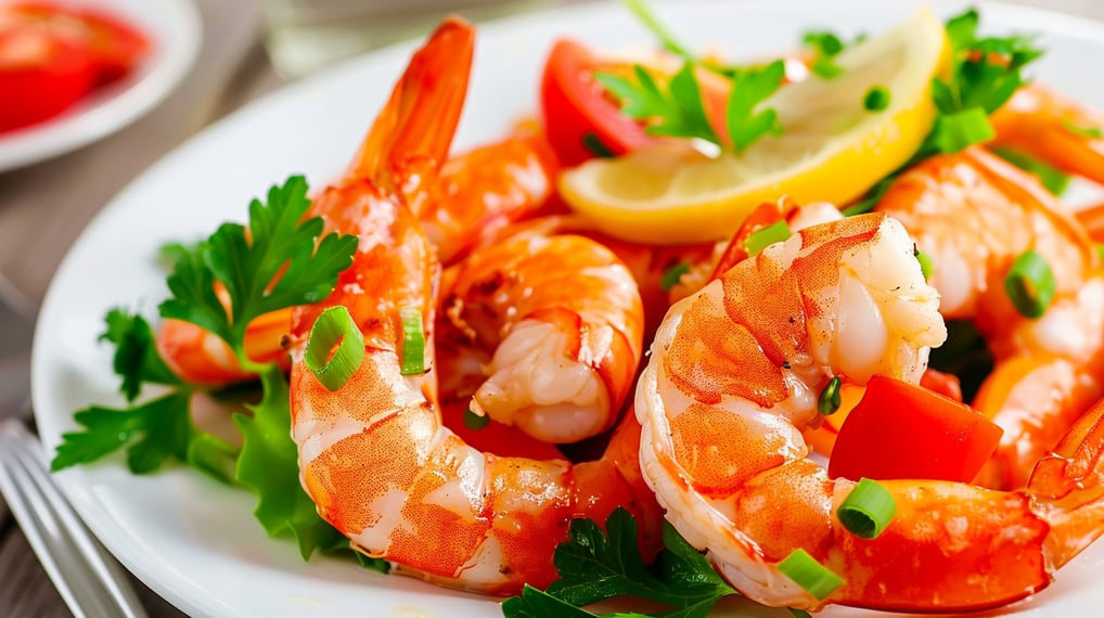 a plate of shrimplings with lemons and parsley