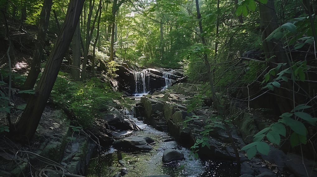 a stream running through a forest with a waterfall