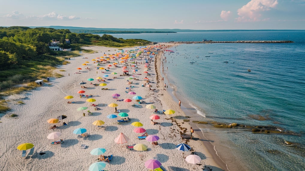 a beach with many umbrellas