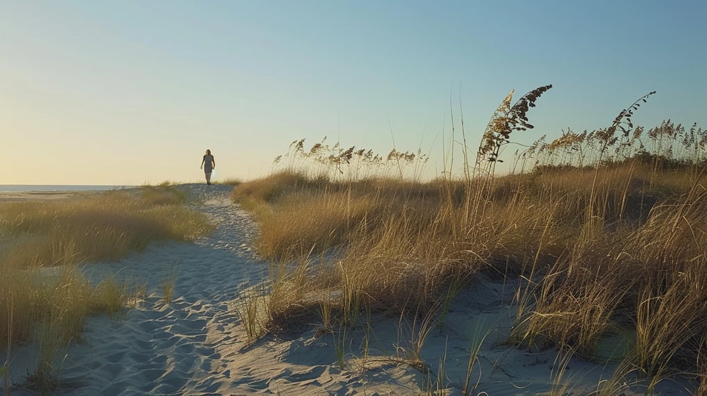a person walking down a path with tall grass