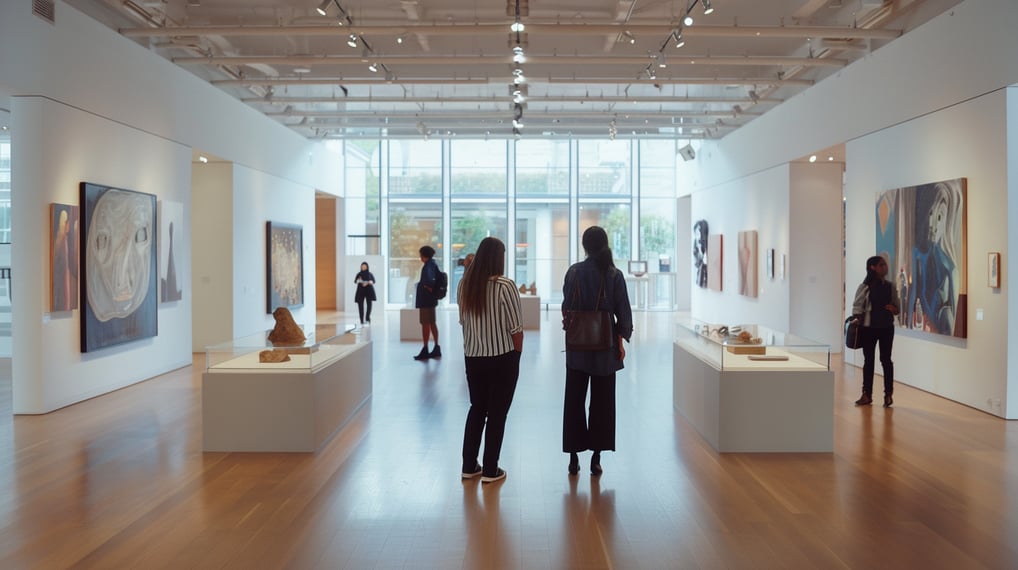 a couple of people standing in a museum like area