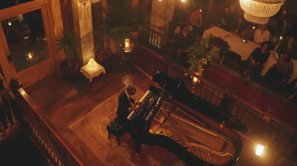 aerial shot of a man playing on a grand piano
