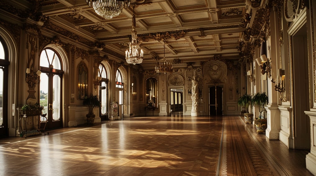 a large hall of a mansion with a glass chandelier at the center