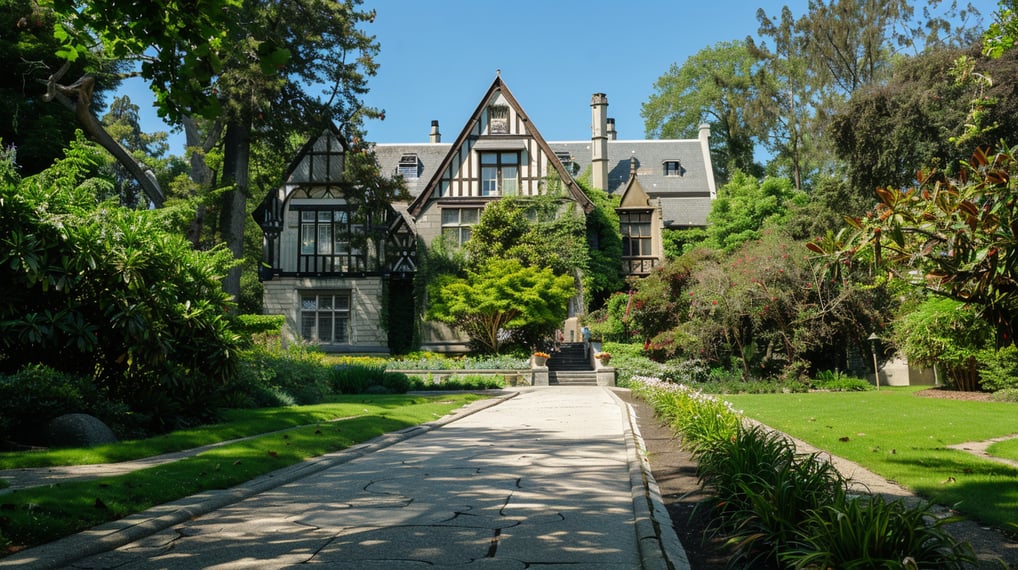 a driveway that leads to the entrance of a mansion-style house