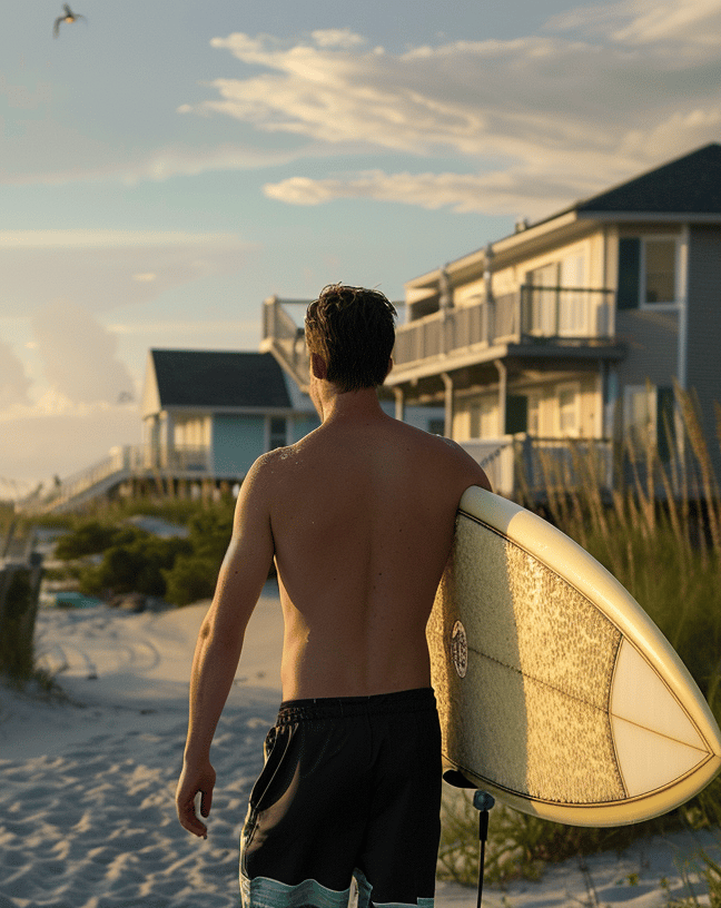 A man walking down a beach in long island, new york with a surfboard A man walking down a beach in long island, new york with a surfboard