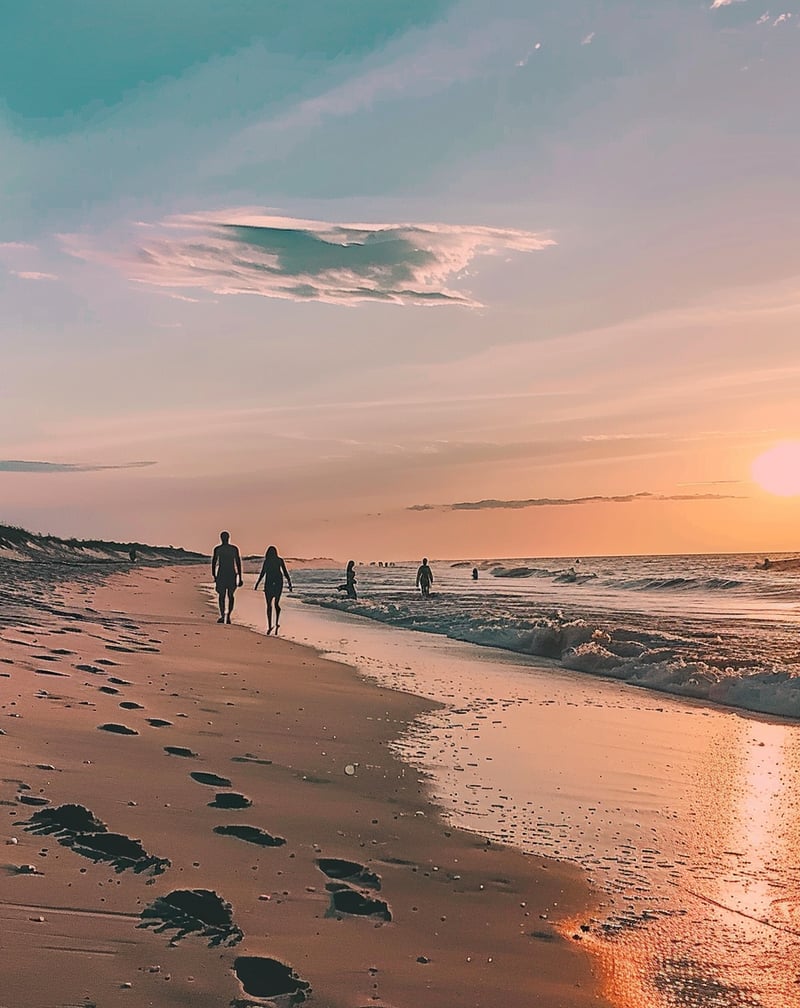 A couple of people walking along a beach in long island, new york A couple of people walking along a beach in long island, new york