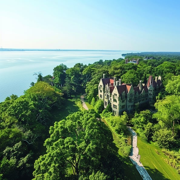 A large house with a large lake in the background in long island, new york