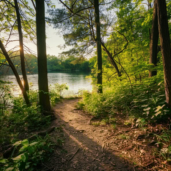 A path leading to a river with trees and bushes in long island, new york