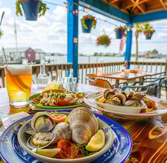 A table with plates of food and drinks in long island, new york