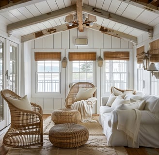A living room with a couch and a chair of a cottage in long island, new york
