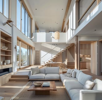 A living room with a couch and a staircase in a house in long island, new york