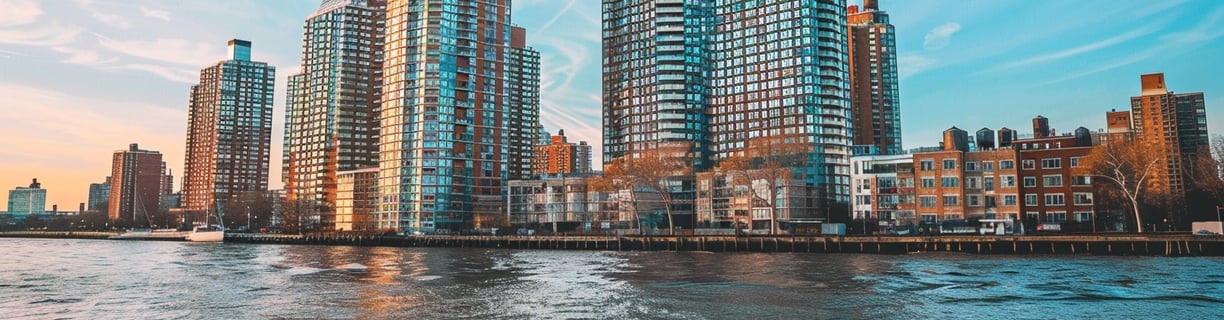 A city skyline with tall buildings and a river in long island, new york