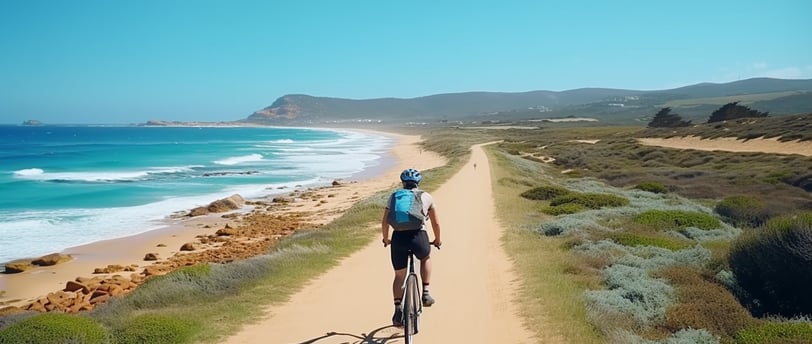a boy biking by the beach with a scenic view