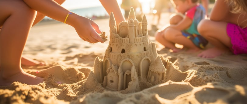 a sand castle with a child's hand reaching for it