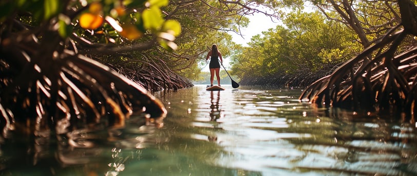 a person paddleboarding through a mangrove forest