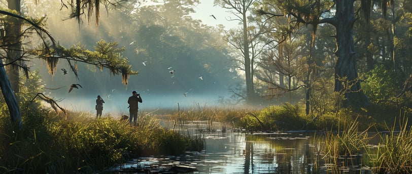 a man and a woman walking through a swamp