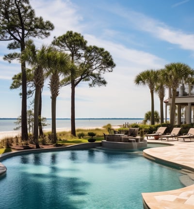 a pool with lounge chairs